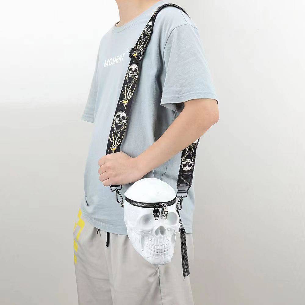 White 3D Skull Messenger Shoulder Handbag by Rossie Viren featuring a small, stylish design with a bold skull pattern.
