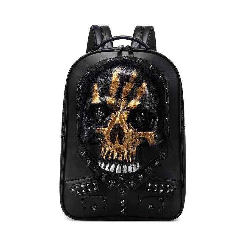 Rossie Viren 3D Skull backpack with studded skull design, hair detail, large laptop messenger bag for stylish storage.
