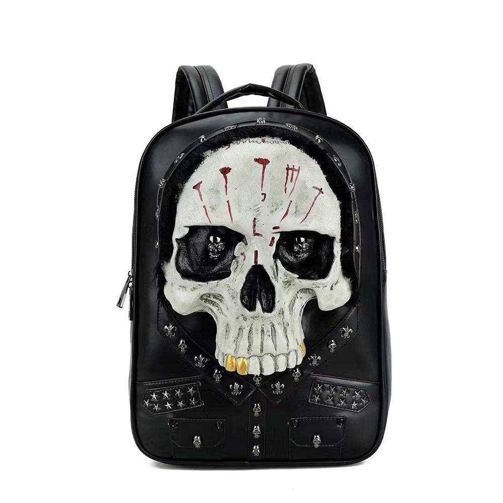 Rossie Viren 3D Skull backpack with studded skull design, hair accents, large laptop compartment, messenger bag style for everyday use.