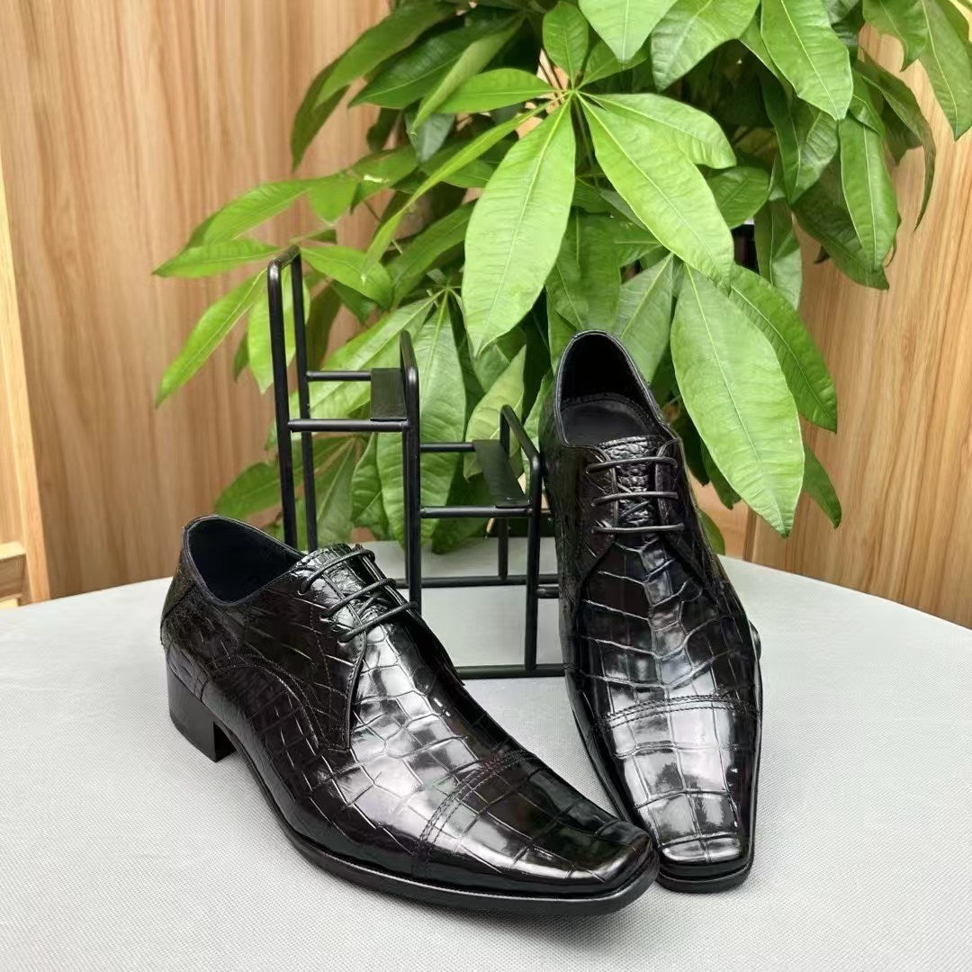 Black men's crocodile leather lace-up shoes from Rossie Viren, featuring a sleek, textured crocodile pattern and polished finish.