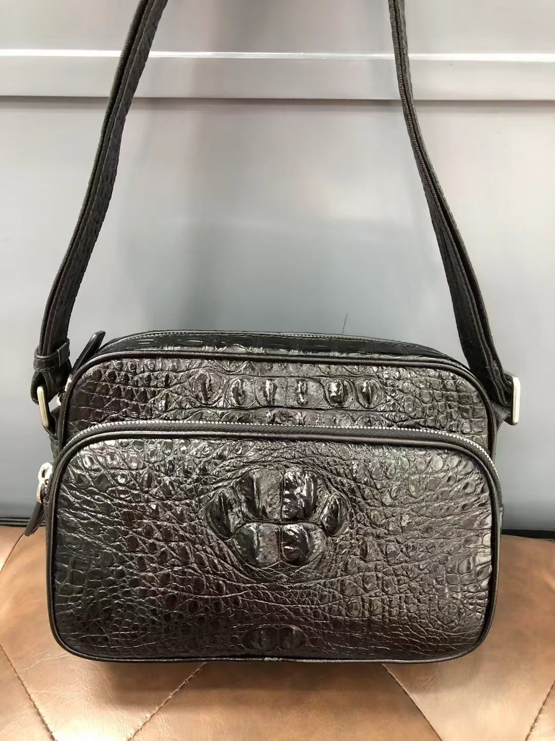 Rossie Viren crocodile leather cross body shoulder bag, stylish handbag with textured crocodile pattern and adjustable strap.