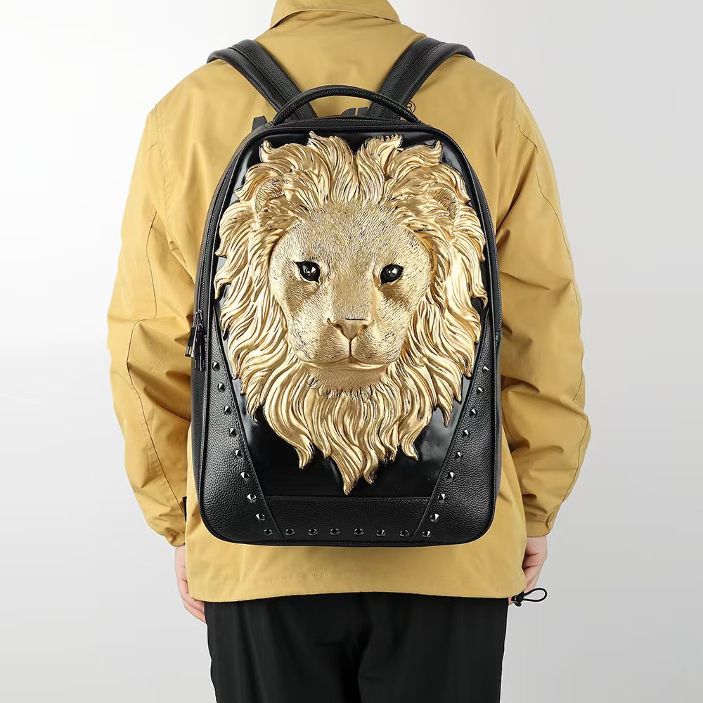 Rossie Viren 3D leather backpack featuring a lion head design, ideal for outdoor travel and carrying computers.