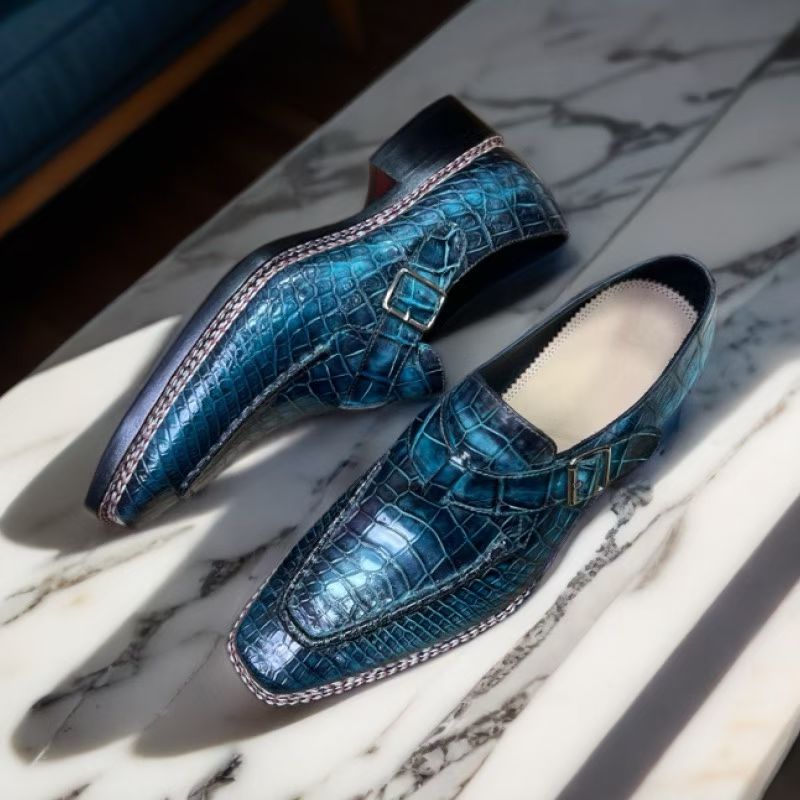 Vintage Rossie Viren crocodile leather Norwegian sewn side buckle dress shoes with detailed crocodile pattern and classic design.