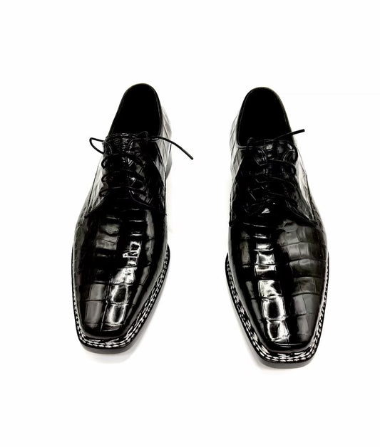 Crocodile Shoes, Men's Black Crocodile Leather Norwegian Sewn Lace Up Shoes