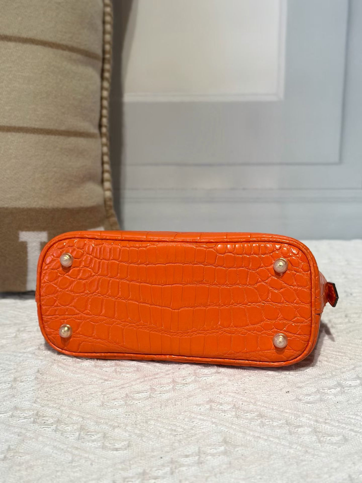 Genuine Crocodile Leather Mini Bowling Top Handle Bag Orange