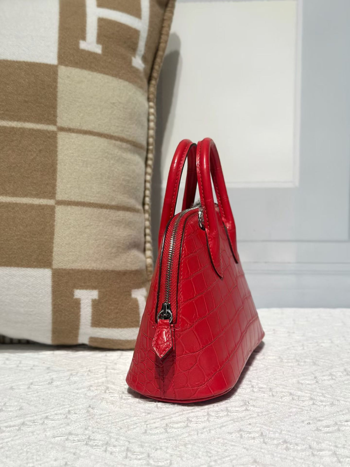 Genuine Crocodile Leather Mini Bowling Top Handle Bag Red
