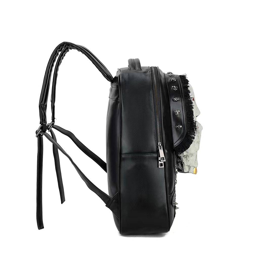 Rossie Viren 3D Skull backpack with studded design, large laptop messenger bag featuring hair detail and bold skull motif.