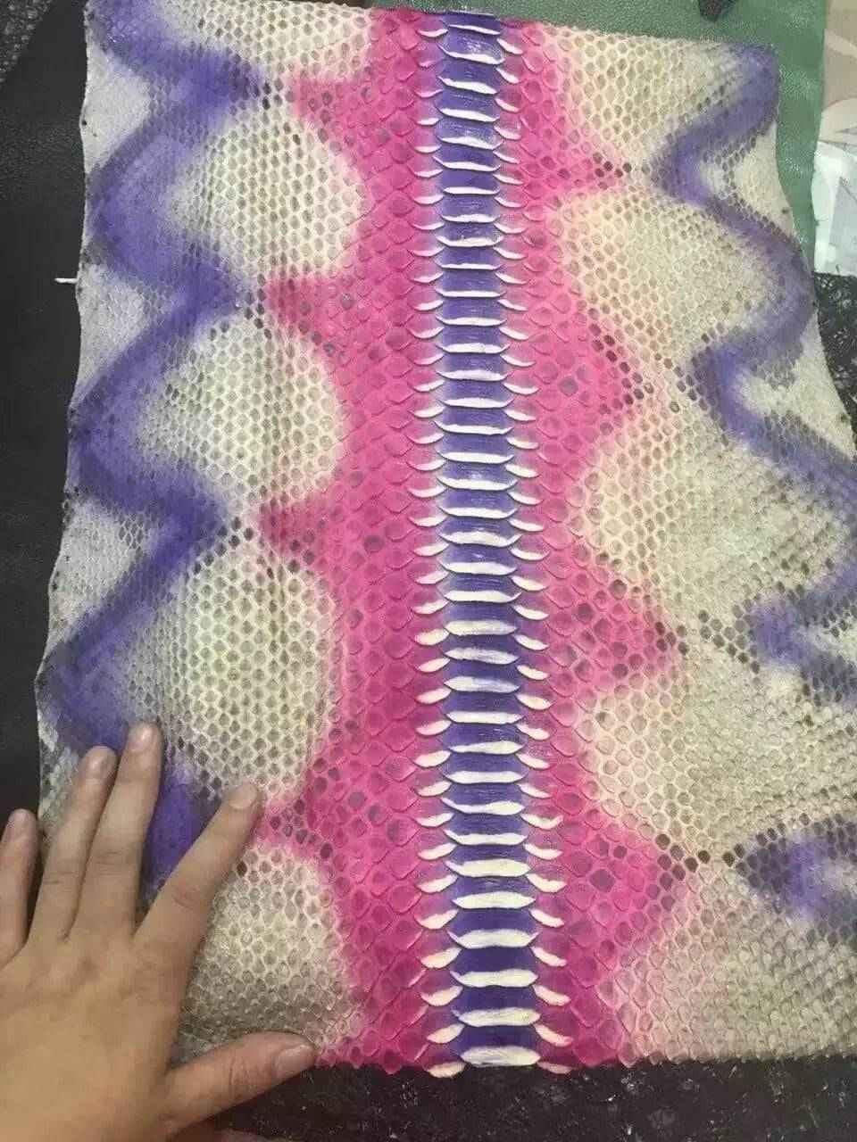 Close-up of Python Skin Leather in vibrant colorway, showcasing the textured pattern on an Exotic Skin Leather Bag or accessory.
