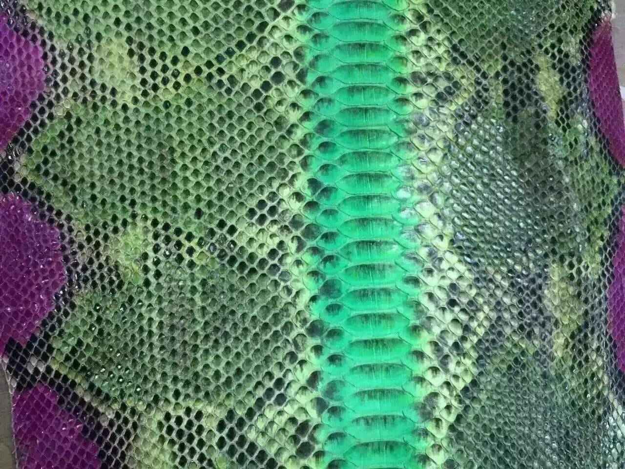 Close-up of Python Skin Leather in vibrant colorway, showcasing textured exotic leather for handbags and accessories by Rossieviren.