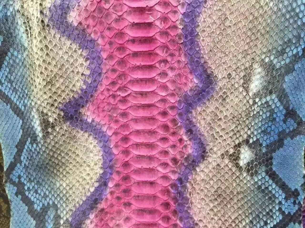 Close-up of Python Skin Leather in vibrant colorway, showcasing its textured pattern on an Exotic Skin Leather Bag or belt.