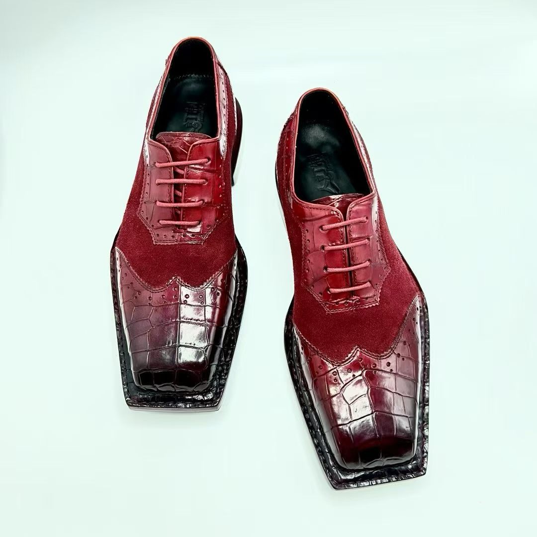 Genuine Crocodile Leather  Square-Toe Classic Lace -Up Dress Shoes Wine Red