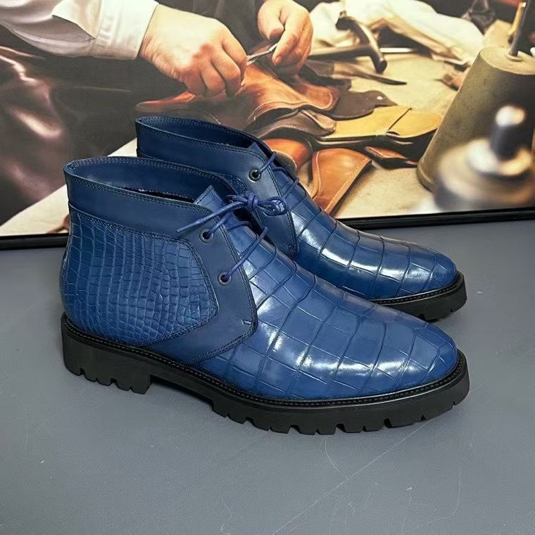 Blue genuine crocodile leather boots by Rossie Viren, stylish shoes with textured crocodile pattern and classic ankle height.