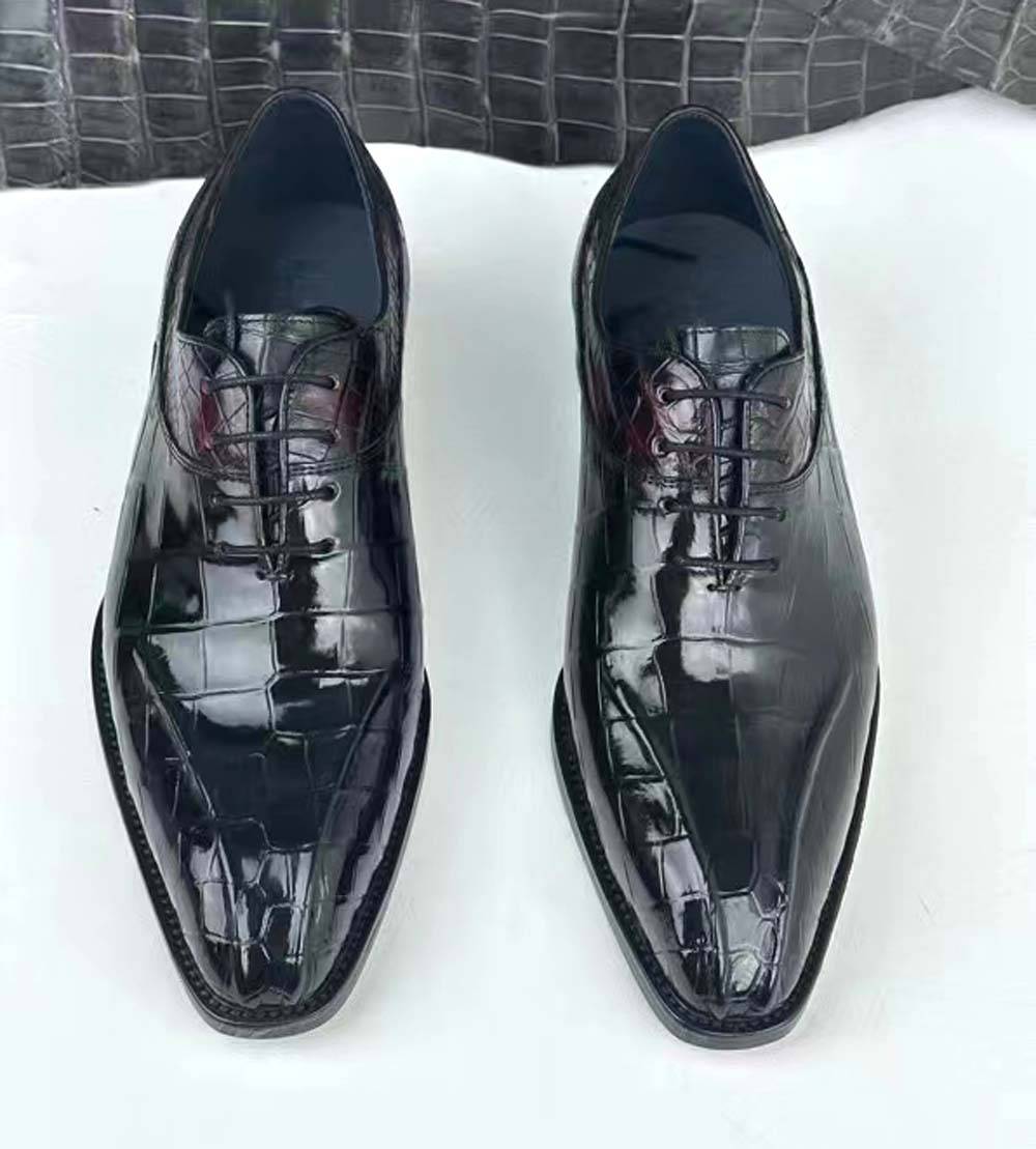 Rossie Viren men's vintage wine red crocodile leather dress shoes with lace-up design for business and formal wear.
