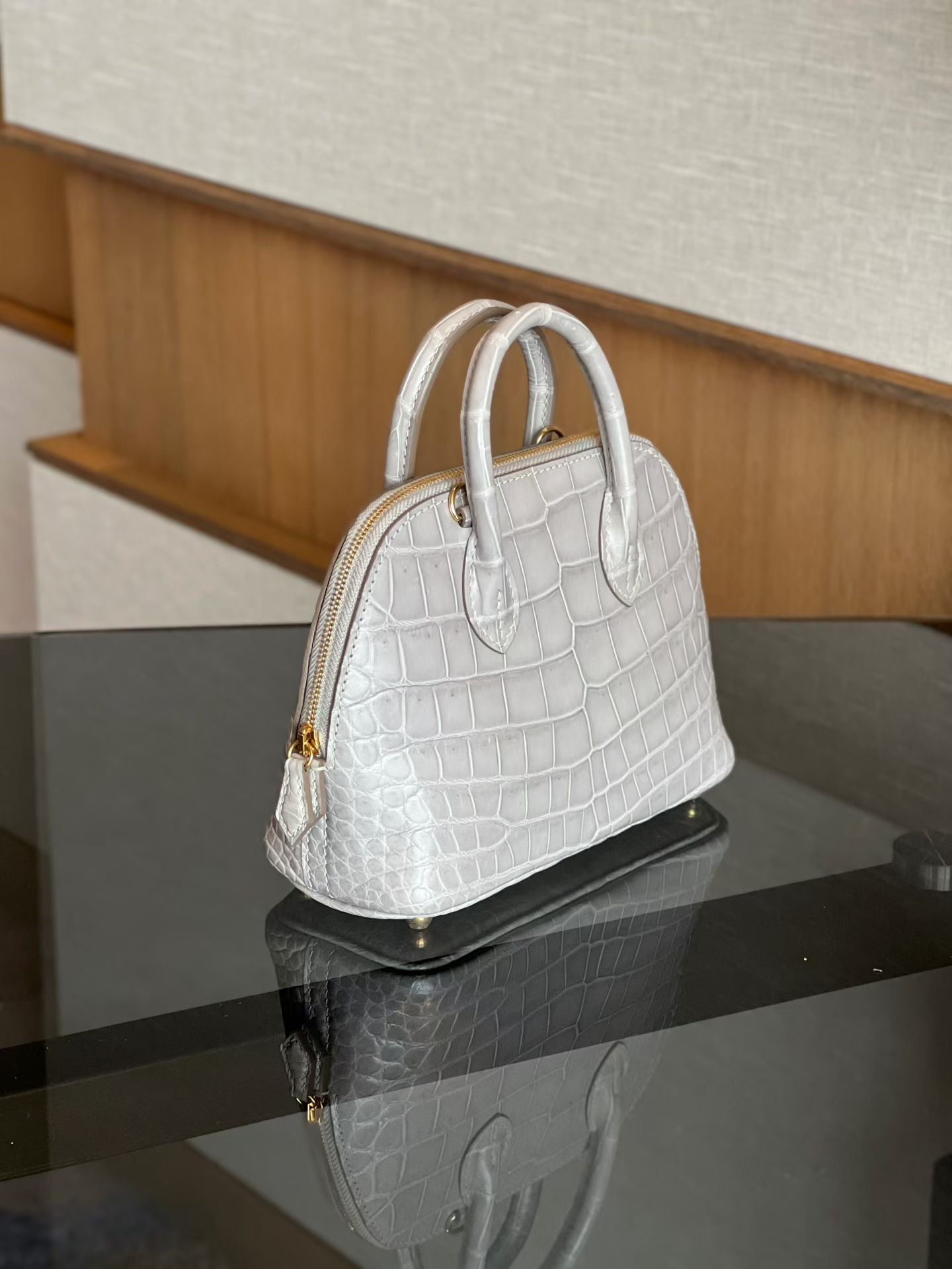 Womens Genuine Crocodile Skin Leather Cross Body Handle Bag Mini Grey