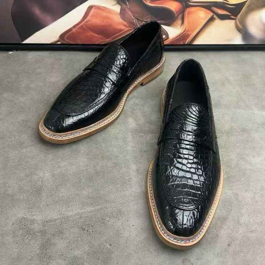 Crocodile Shoes, Men's Crocodile Leather Slip-On Loafer Shoes Black