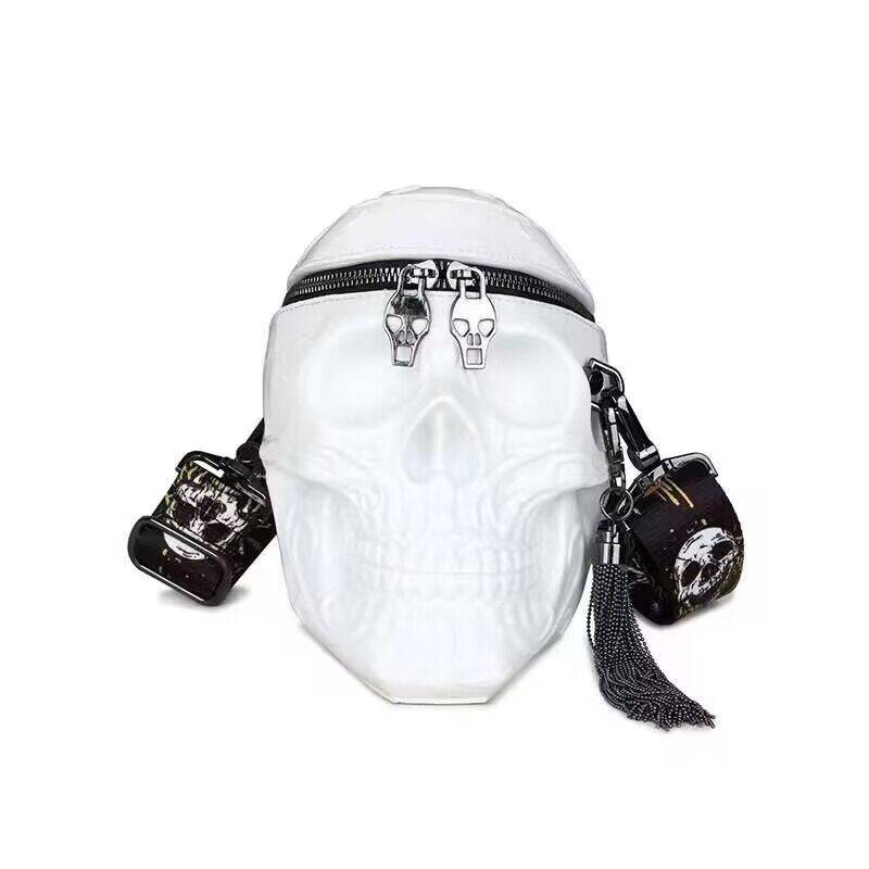 Small white Rossie Viren 3D skull messenger shoulder handbag with adjustable strap and detailed skull design.