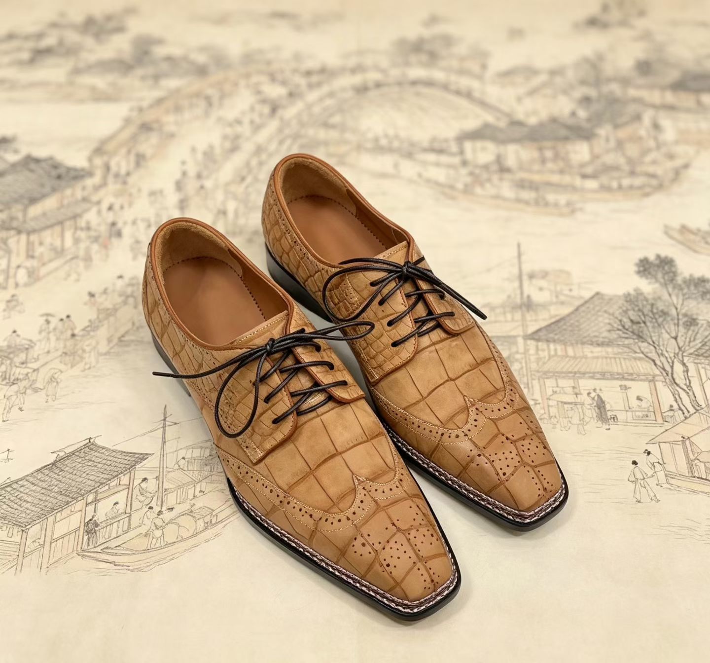 Crocodile Shoes, Men's Nubuckn Crocodile Leather Business Lace Up Shoes