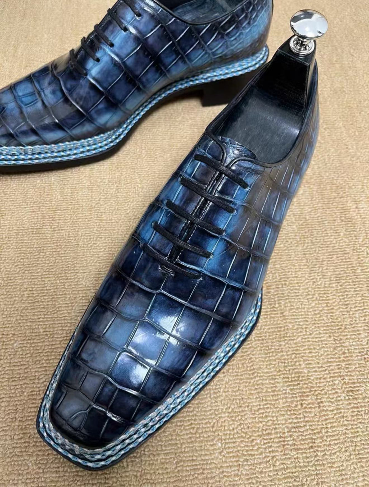 Crocodile Shoes, Men's Crocodile Leather Lace-Up Business Shoes Vintage Blue