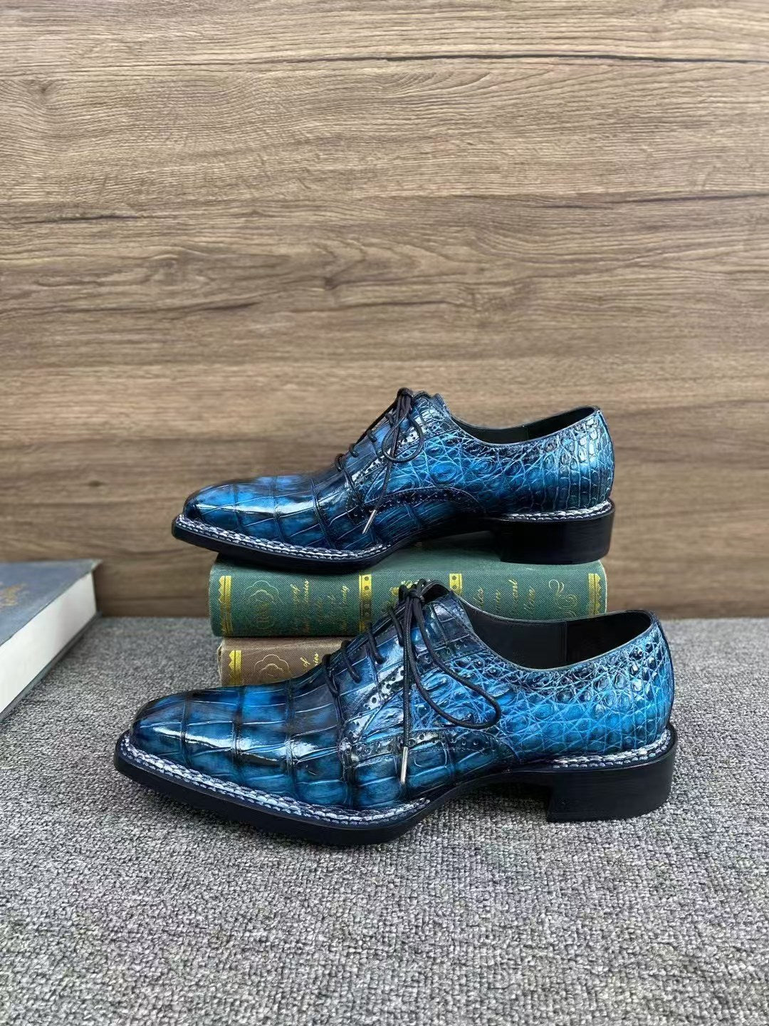 Crocodile Shoes, Men's Vintage Blue Norwegian Sewn Lace Up Shoes