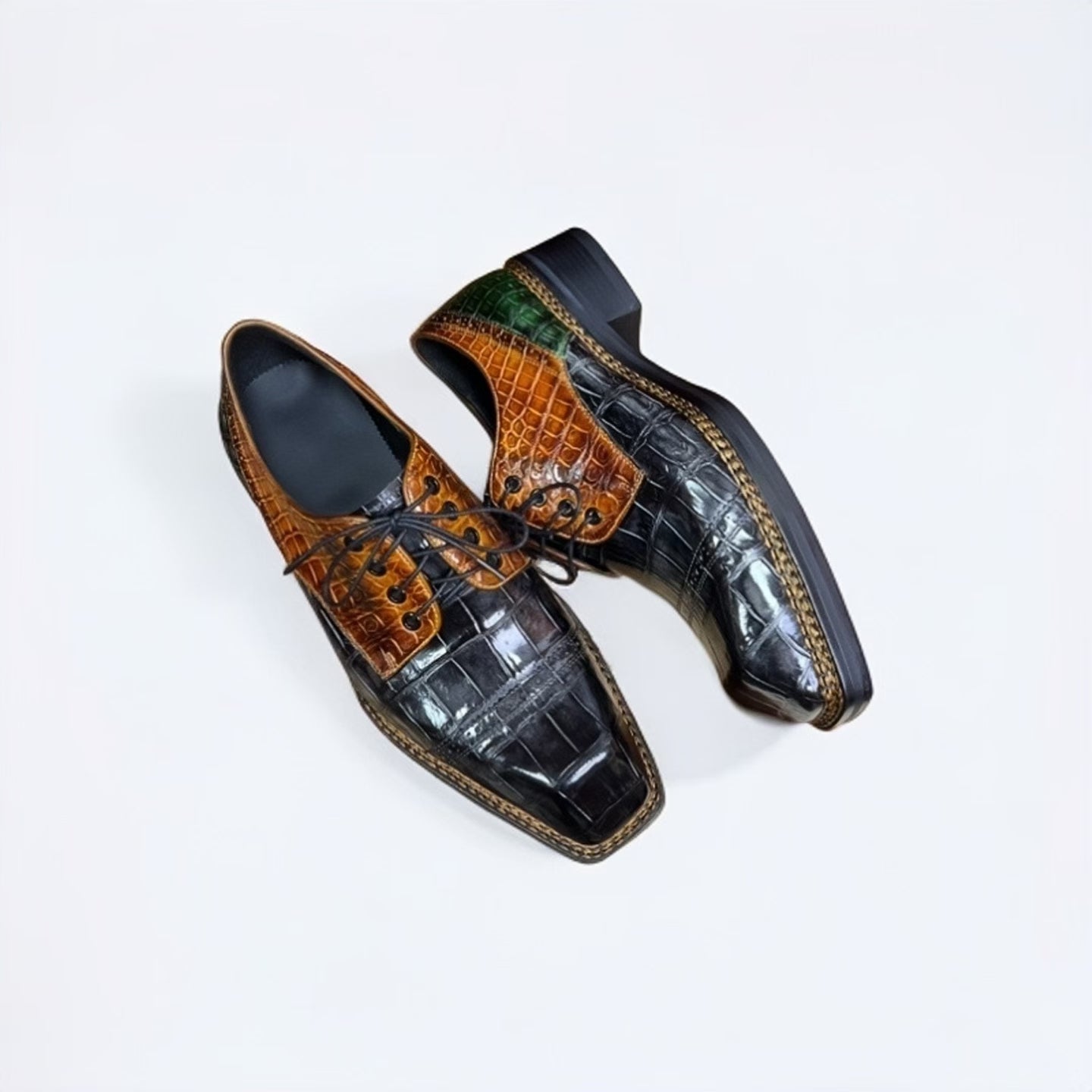 Rossie Viren crocodile leather vintage dress shoes with Norwegian sewn lace-up design, showcasing premium crocodile texture.