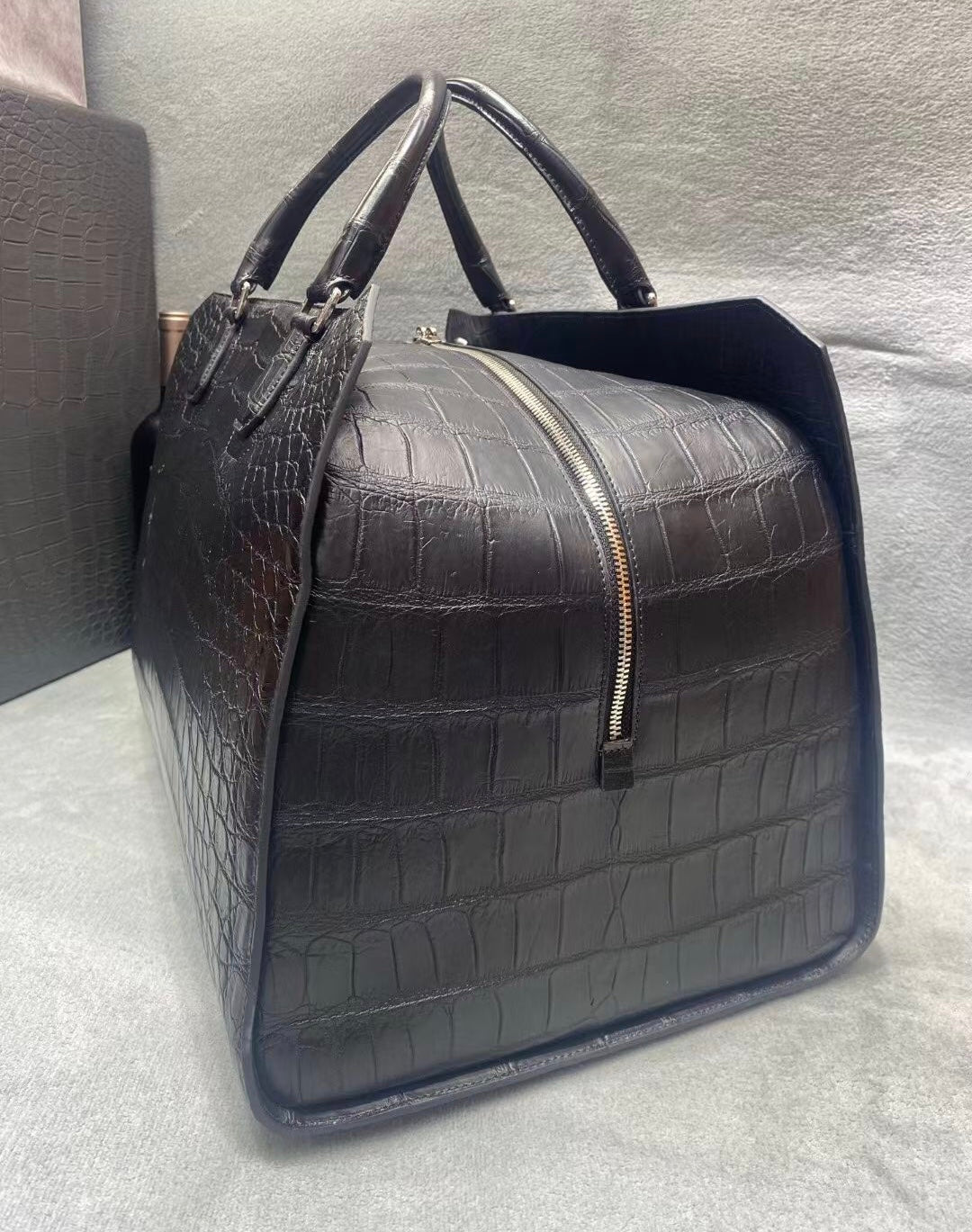 Crocodile Skin Leather Travel Duffle Bag Matt Black
