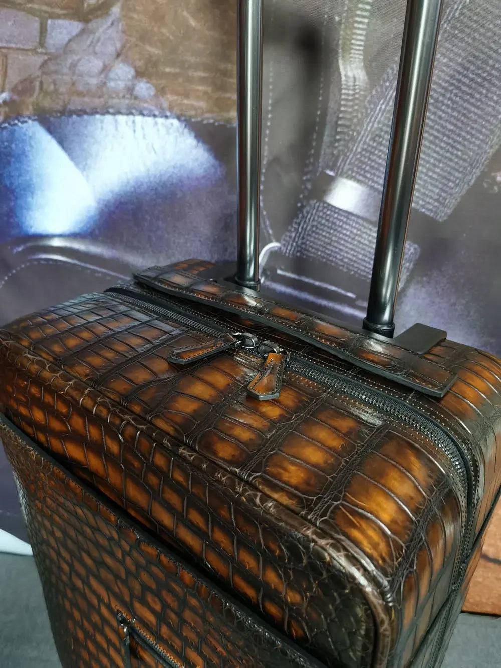 Retro brown crocodile leather suitcase by Rossie Viren with universal wheels, 20-inch rollaboard trolley for travel and weekend trips.