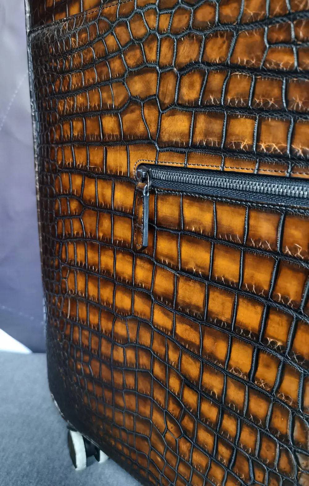 Retro brown crocodile leather trolley suitcase with wheels, 20-inch travel bag, Rossie Viren, suitable for weekend and travel.
