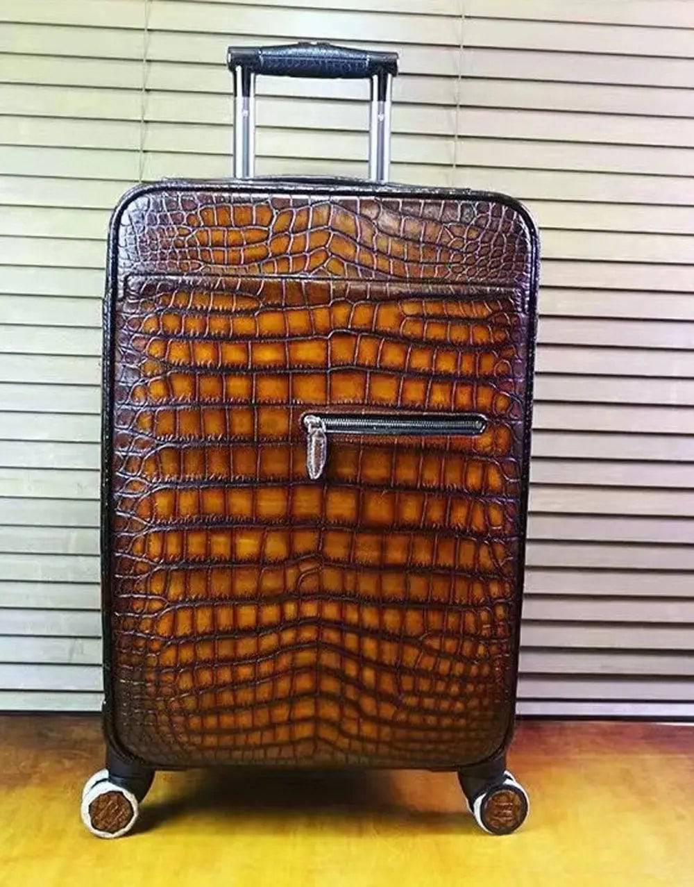 Retro brown crocodile leather suitcase with universal wheels, 20-inch trolley case, Rossie Viren travel bag, suitable for weekend trips.