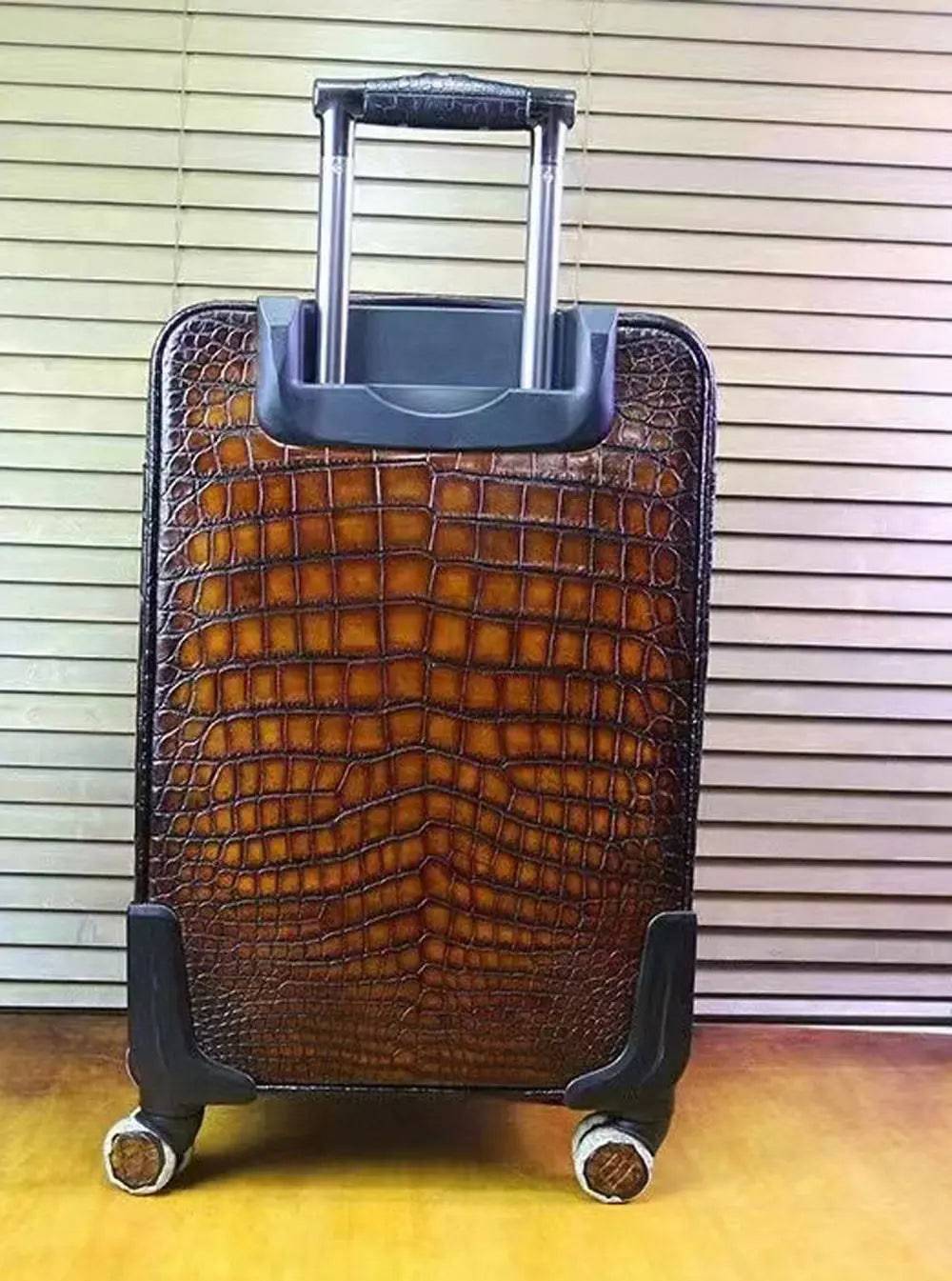 Retro brown crocodile leather trolley suitcase with universal wheels, 20-inch rollaboard travel bag by Rossie Viren.
