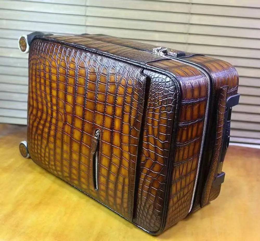 Retro brown crocodile leather trolley suitcase with universal wheels, 20-inch rollaboard travel bag by Rossie Viren.