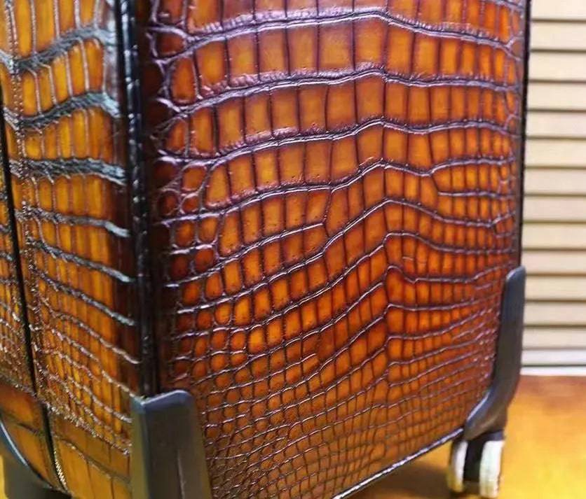 Retro brown crocodile leather trolley suitcase with universal wheels, 20-inch roll-aboard travel bag by Rossie Viren.