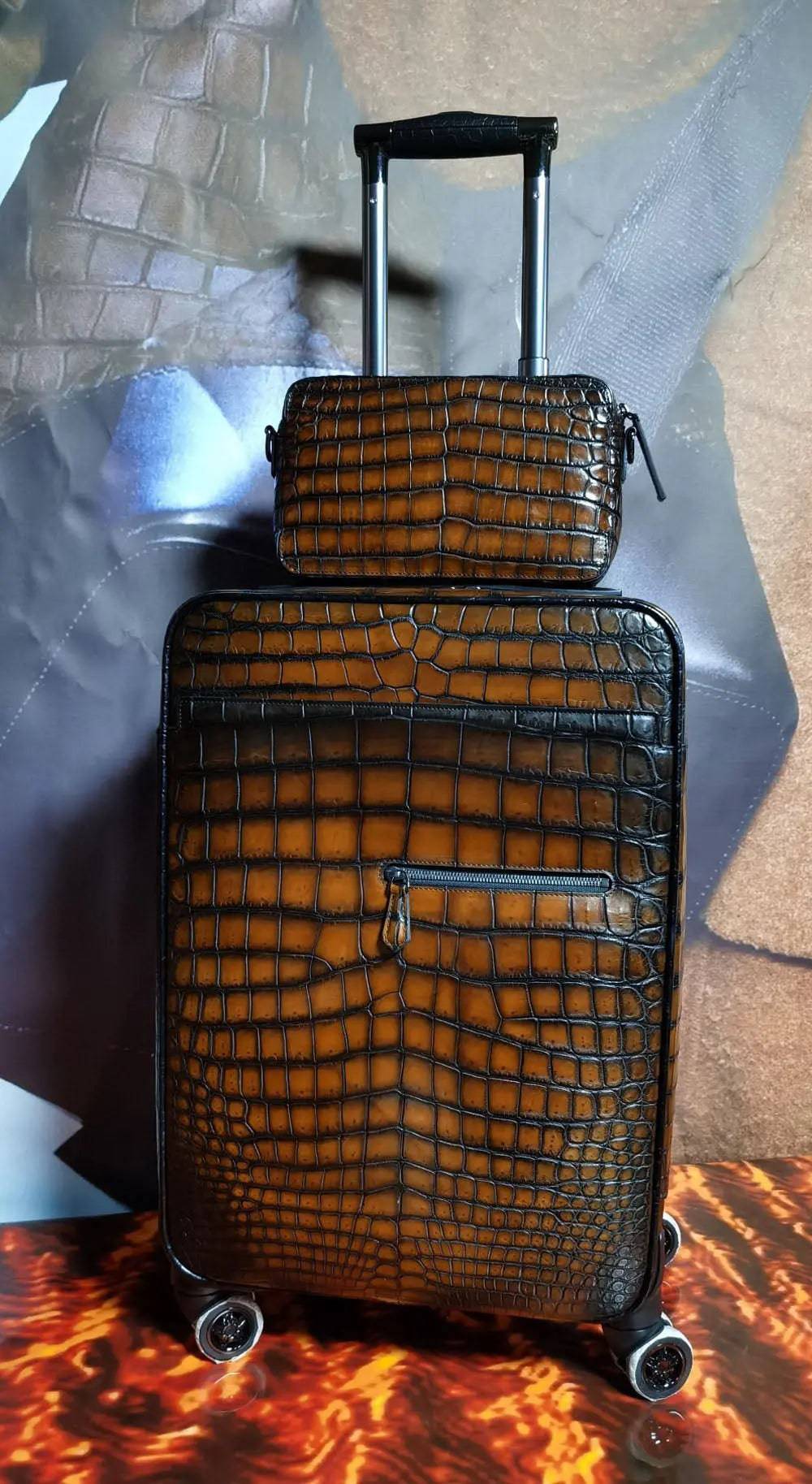 Retro brown crocodile leather trolley suitcase with universal wheels, 20-inch size, Rossie Viren travel bag with handle and sturdy construction.