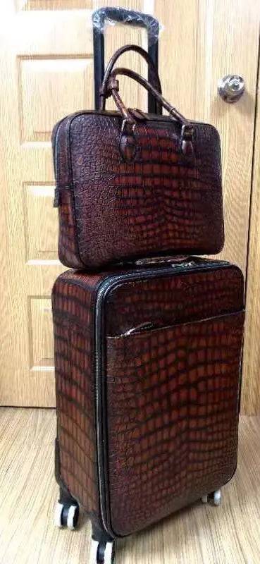 Retro brown crocodile leather trolley suitcase with wheels, 20-inch size, designed for travel and weekend trips.