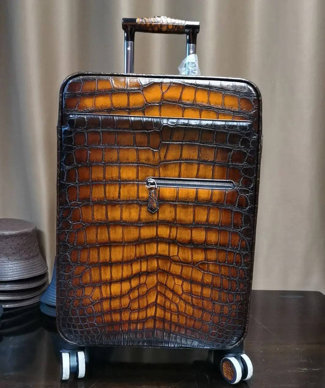 Retro brown crocodile leather suitcase by Rossie Viren with universal wheels, 20-inch trolley case for weekend or travel use.