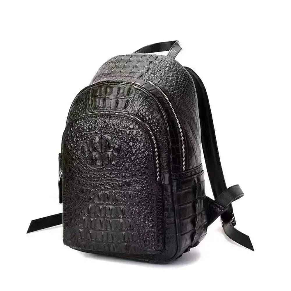 Rossie Viren unisex crocodile skin leather backpack handbag with a sleek, textured finish and adjustable shoulder straps.