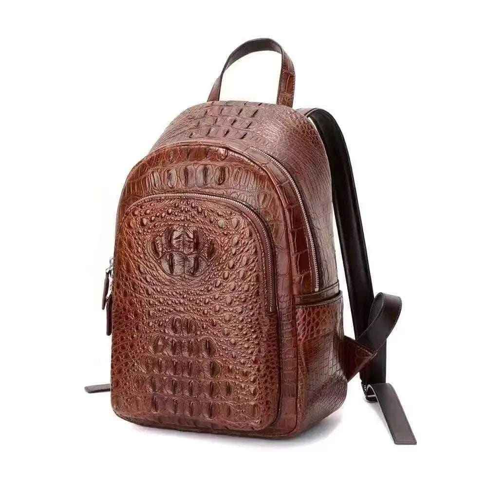 Rossie Viren unisex crocodile skin leather backpack, stylish handbag with textured crocodile pattern and adjustable straps.