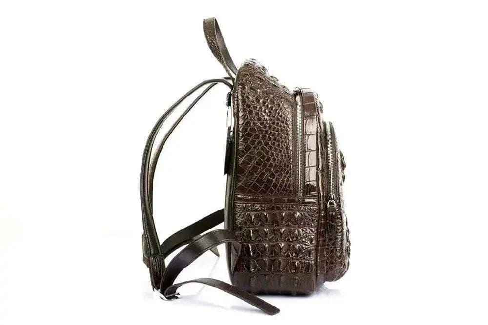 Rossie Viren unisex crocodile skin leather backpack handbag with textured finish and adjustable straps.