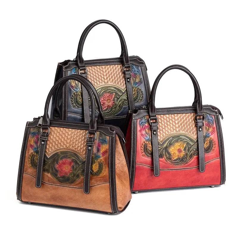 Rossie Viren women's leather handbag with top handle and crossbody strap, featuring a sleek shoulder bag design.