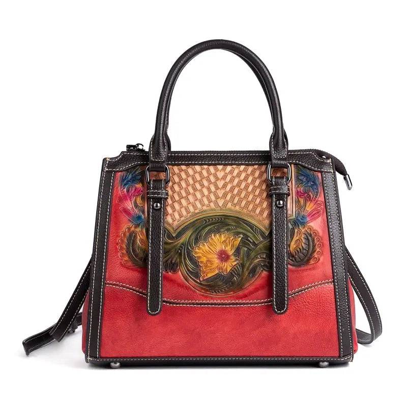 Rossie Viren women's leather top handle shoulder crossbody handbag with a sleek design and gold-tone hardware.