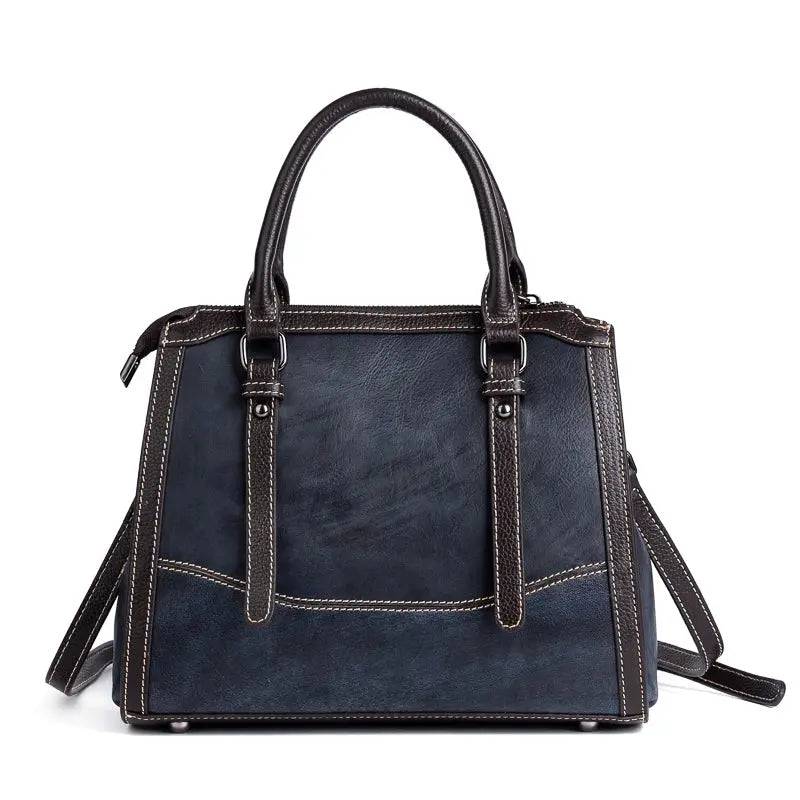 Rossie Viren women's leather top handle shoulder crossbody bag with structured design and adjustable strap.