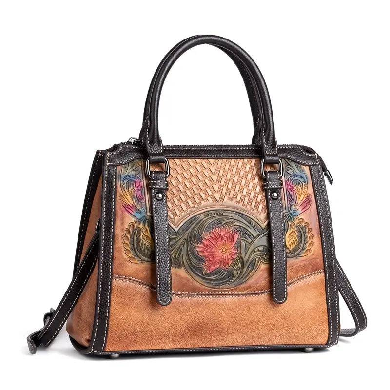 Rossie Viren women's leather top handle and crossbody handbag with shoulder strap, stylish and compact for everyday use.
