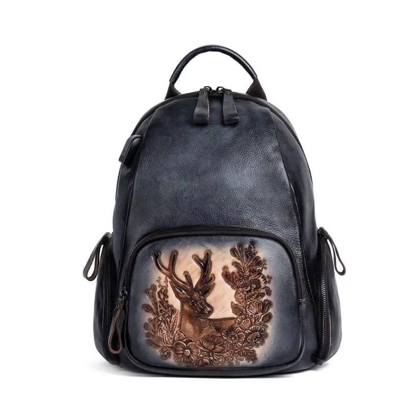 Rossie Viren women's retro genuine leather large backpack with multiple compartments, stylish leather rucksack suitable for office and travel.