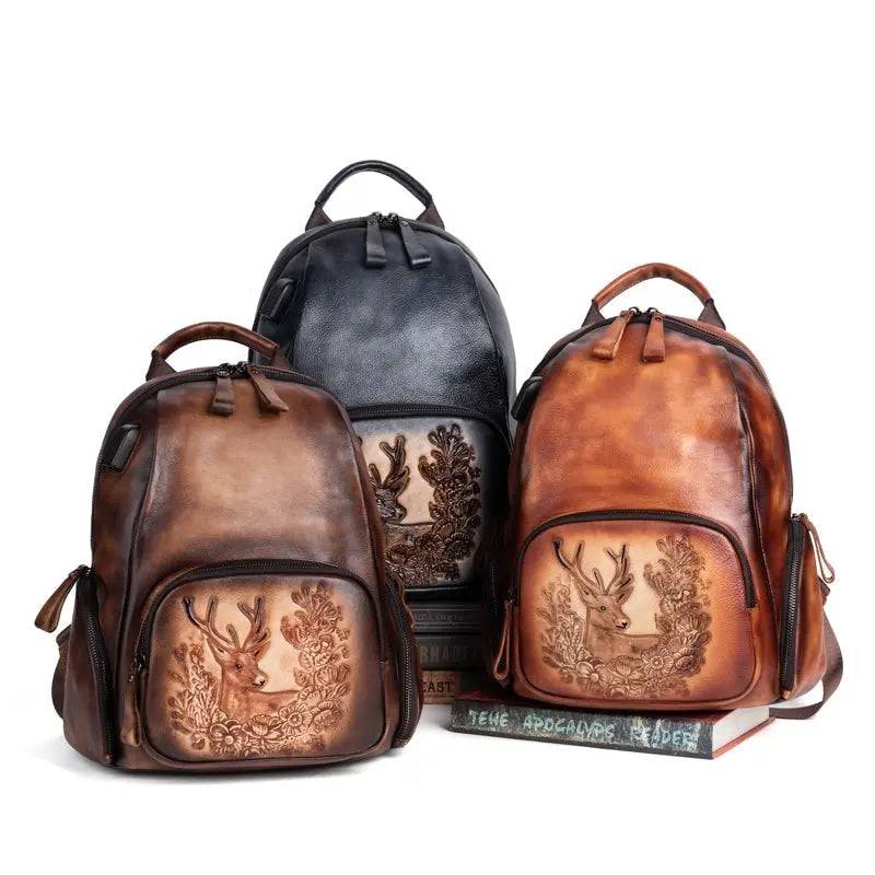 Rossie Viren women's retro genuine leather large backpack with top handle, adjustable straps, and multiple compartments.