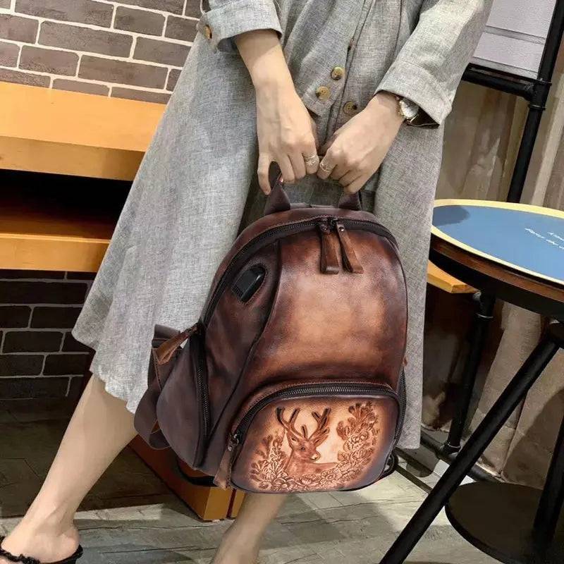 Rossie Viren women's retro genuine leather large backpack with top handle, adjustable straps, multiple pockets, ideal for office and travel.
