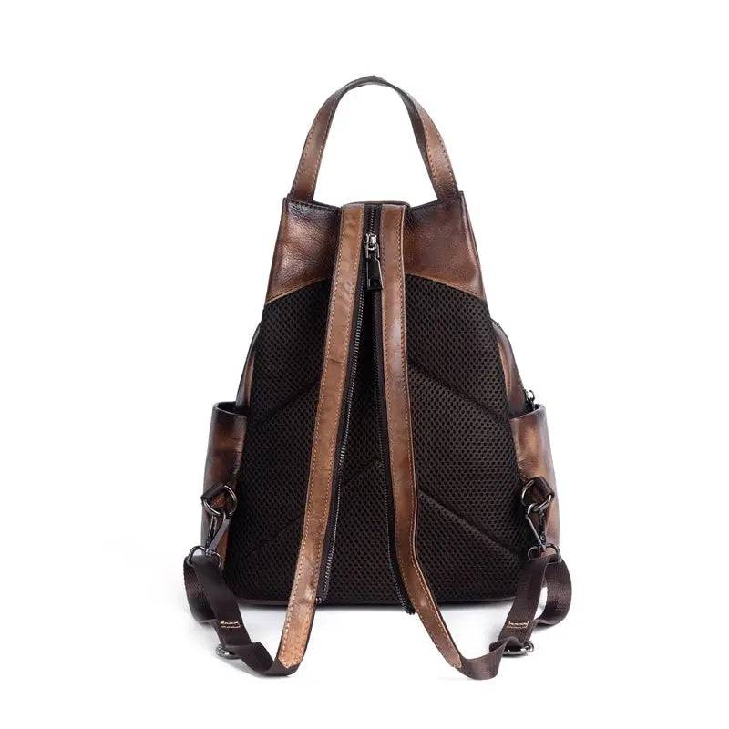 Rossie Viren vintage leather women's backpack with adjustable straps, front pocket, and classic rucksack design.