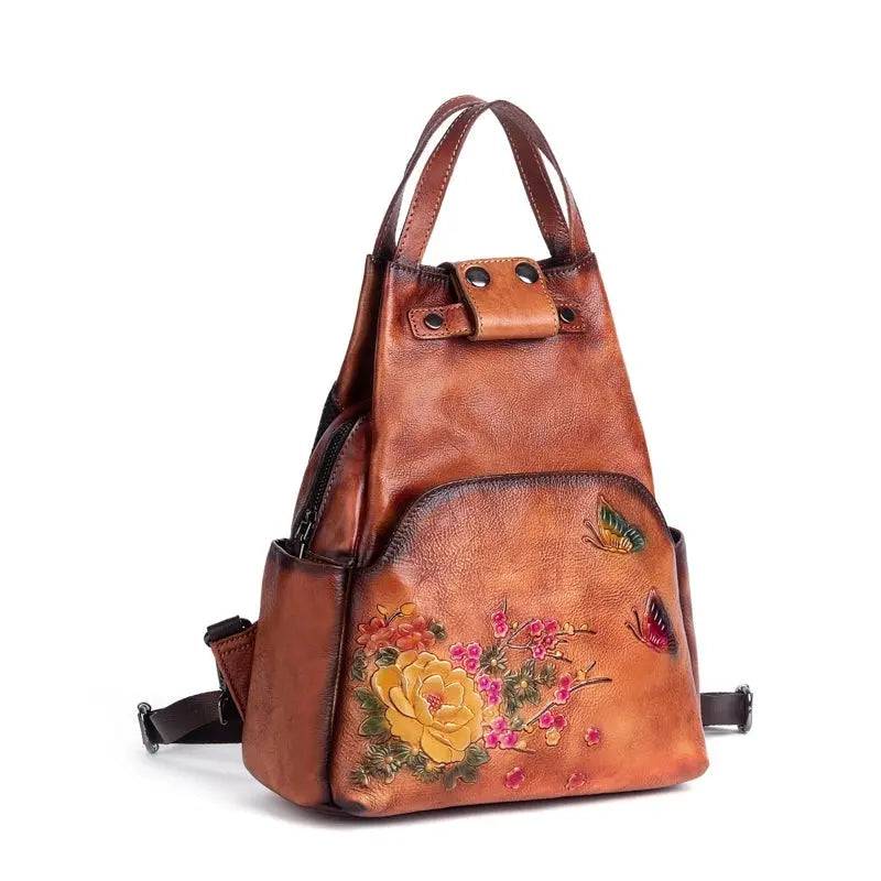 Rossie Viren vintage leather women's backpack showing a classic leather rucksack with adjustable straps and spacious interior.
