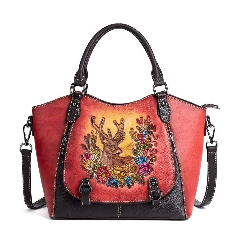 Rossie Viren women's genuine leather handbag with shoulder strap, top handle, work tote, and ladies satchel style.