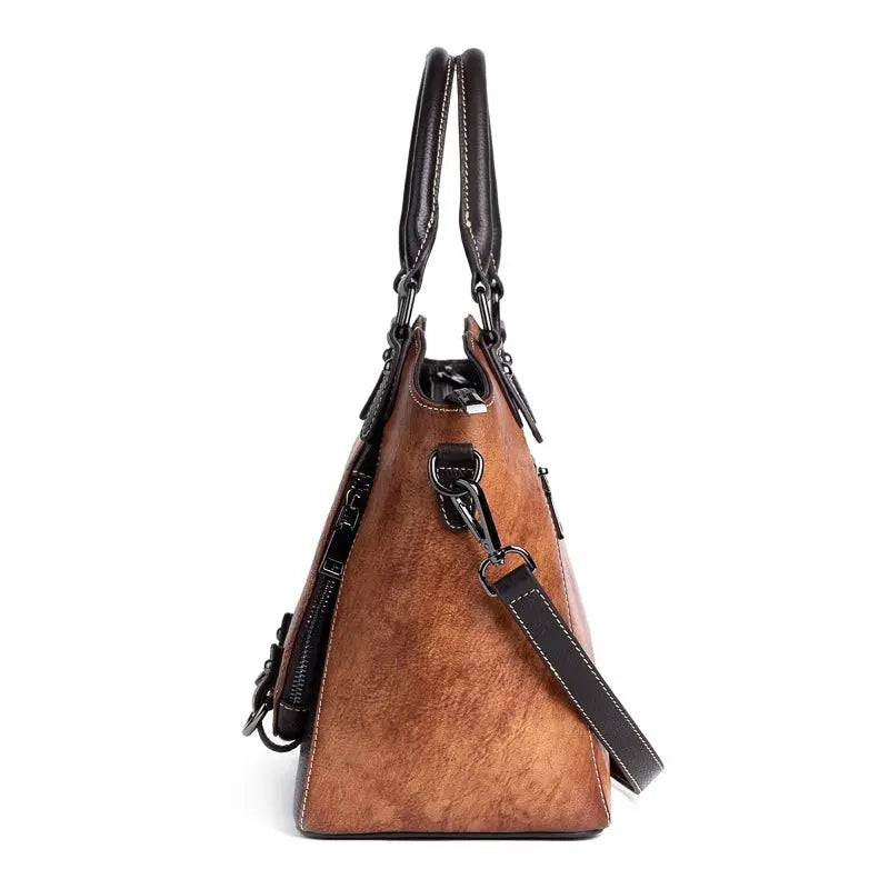 Rossie Viren women's genuine leather handbag with top handle, shoulder strap, work tote style, and satchel features.