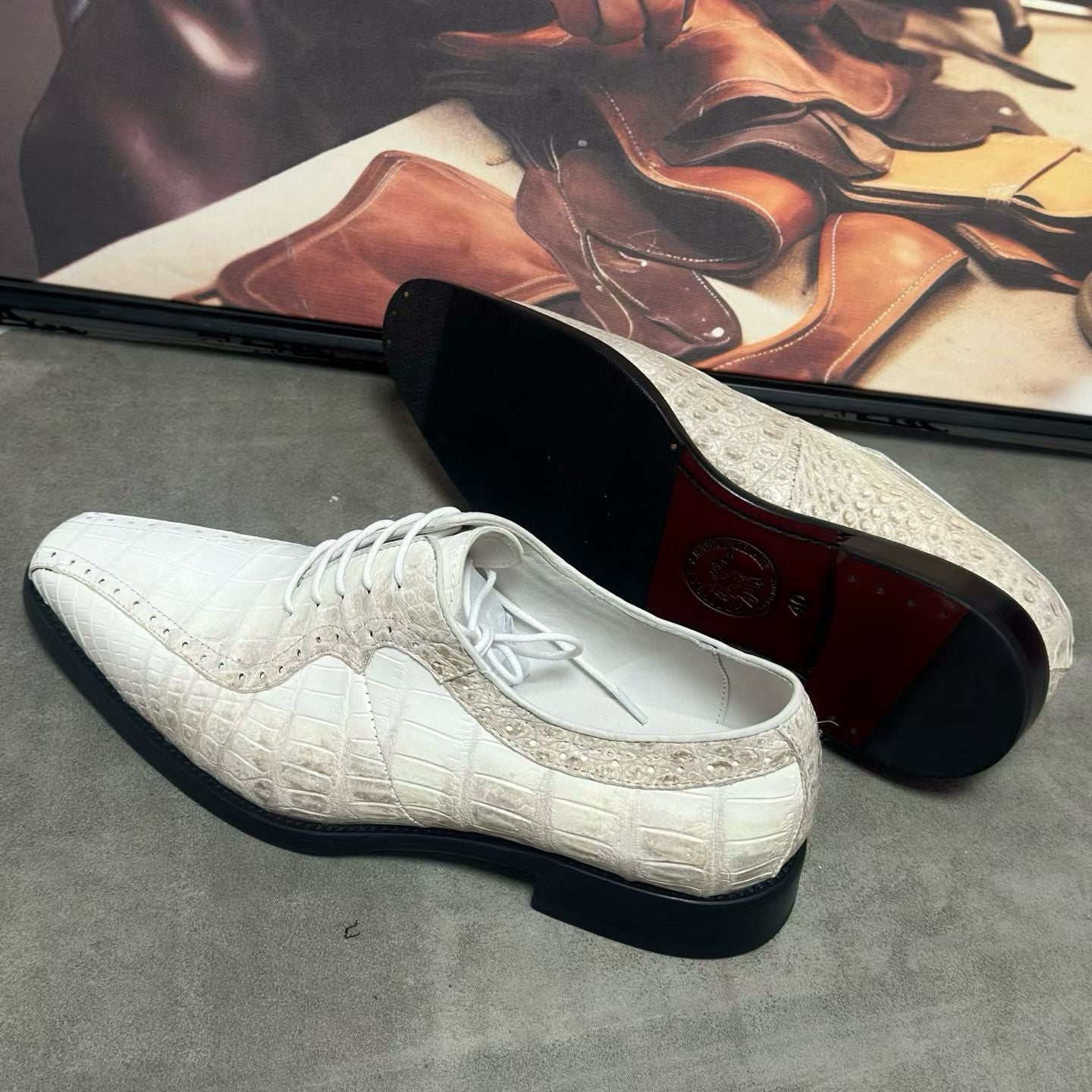 Crocodile Shoes, Men's Himalaya White Crocodile Leather Lace Up Business Dress Shoes