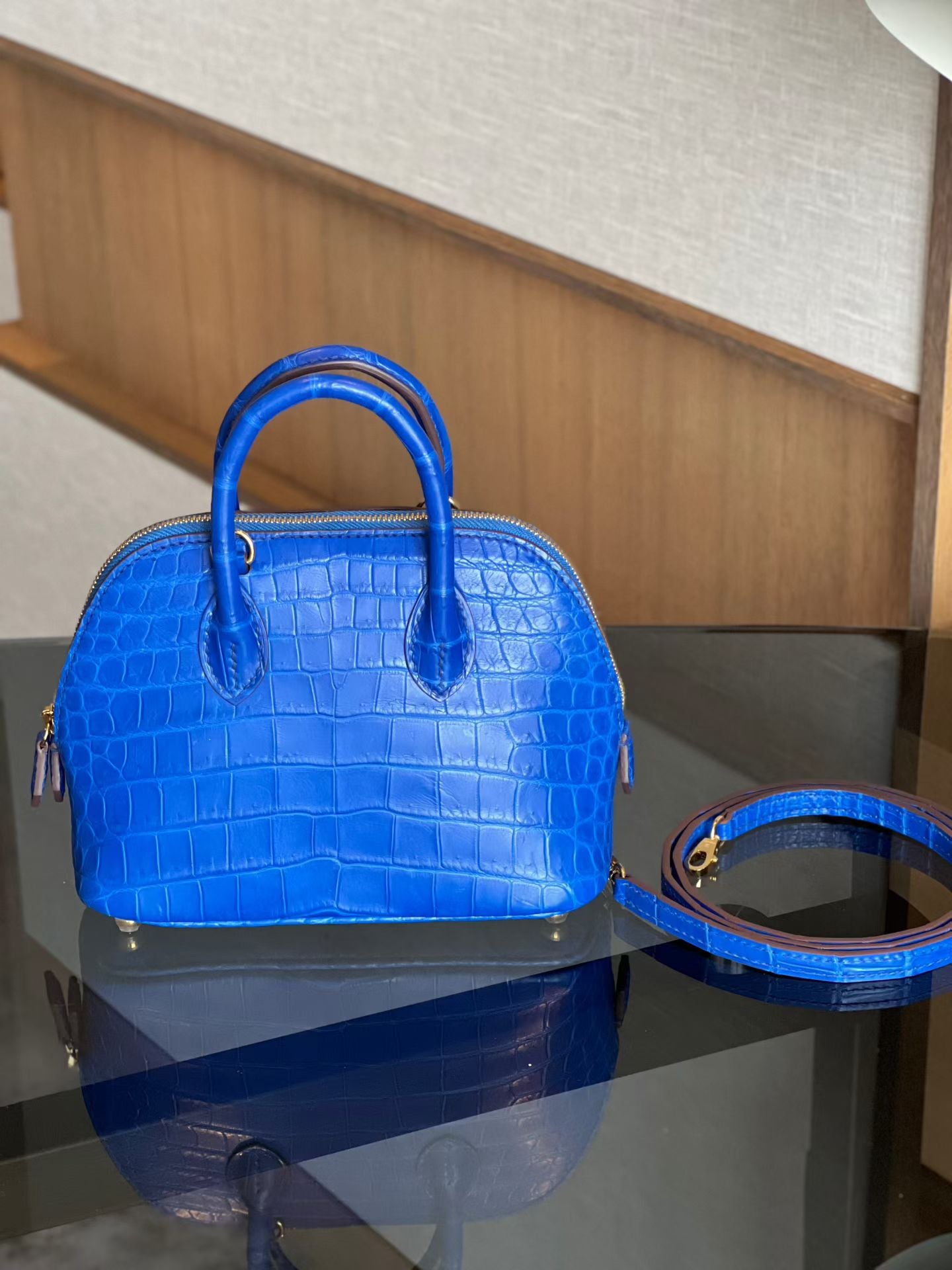 Womens Genuine Crocodile Skin Leather Cross Body Handle Bag Mini Blue